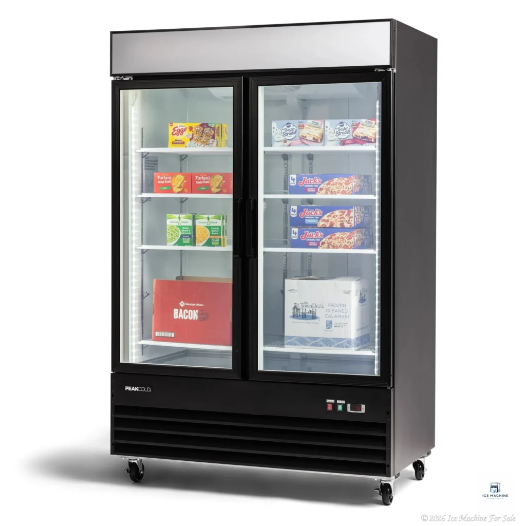 PeakCold 2 Door Upright Display Freezer – 45 CU Ft. - commercial ice machine for sale at icemachineforsale.com