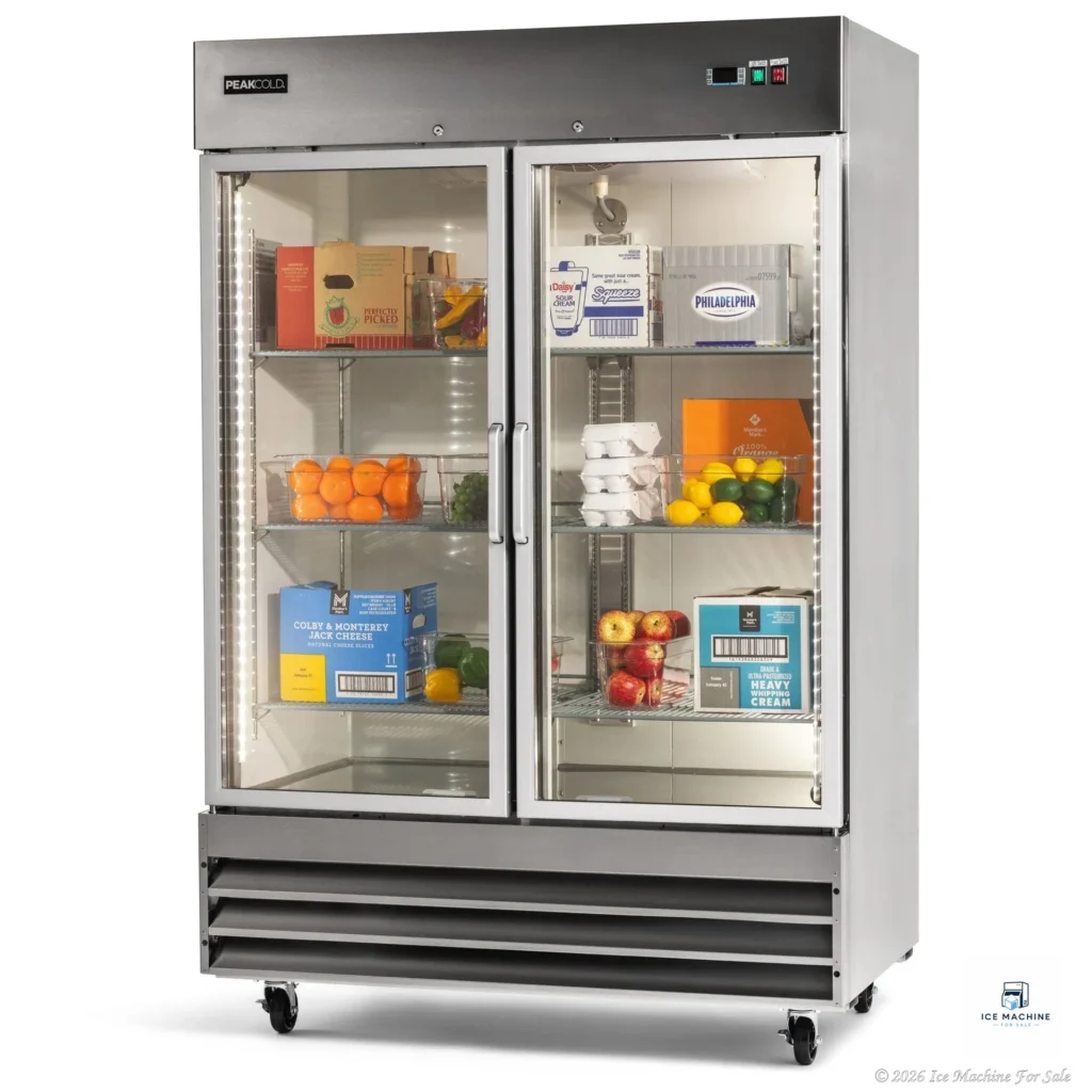 PeakCold 2 Glass Door Stainless Steel Commercial Refrigerator – 47 cu. ft. - commercial ice machine for sale at icemachineforsale.com