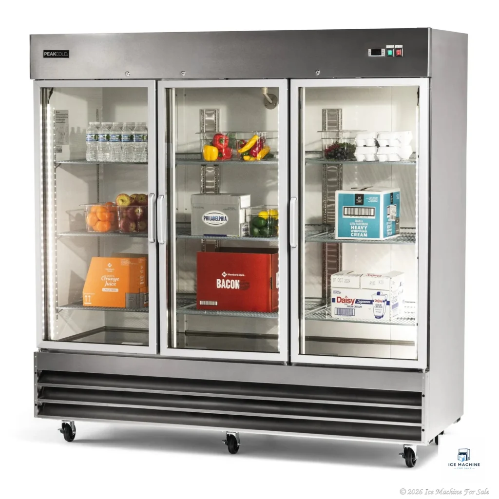 PeakCold 3 Glass Door Stainless Steel Commercial Refrigerator – 72 cu. ft. - commercial ice machine for sale at icemachineforsale.com