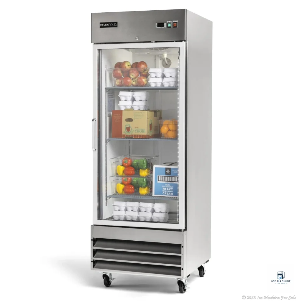 PeakCold Glass Door Stainless Steel Commercial Refrigerator – 23 cu. ft. - commercial ice machine for sale at icemachineforsale.com