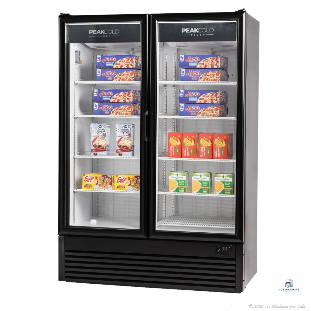 PeakCold Plus 2 Door Display Freezer – 42 CU Ft. - commercial ice machine for sale at icemachineforsale.com