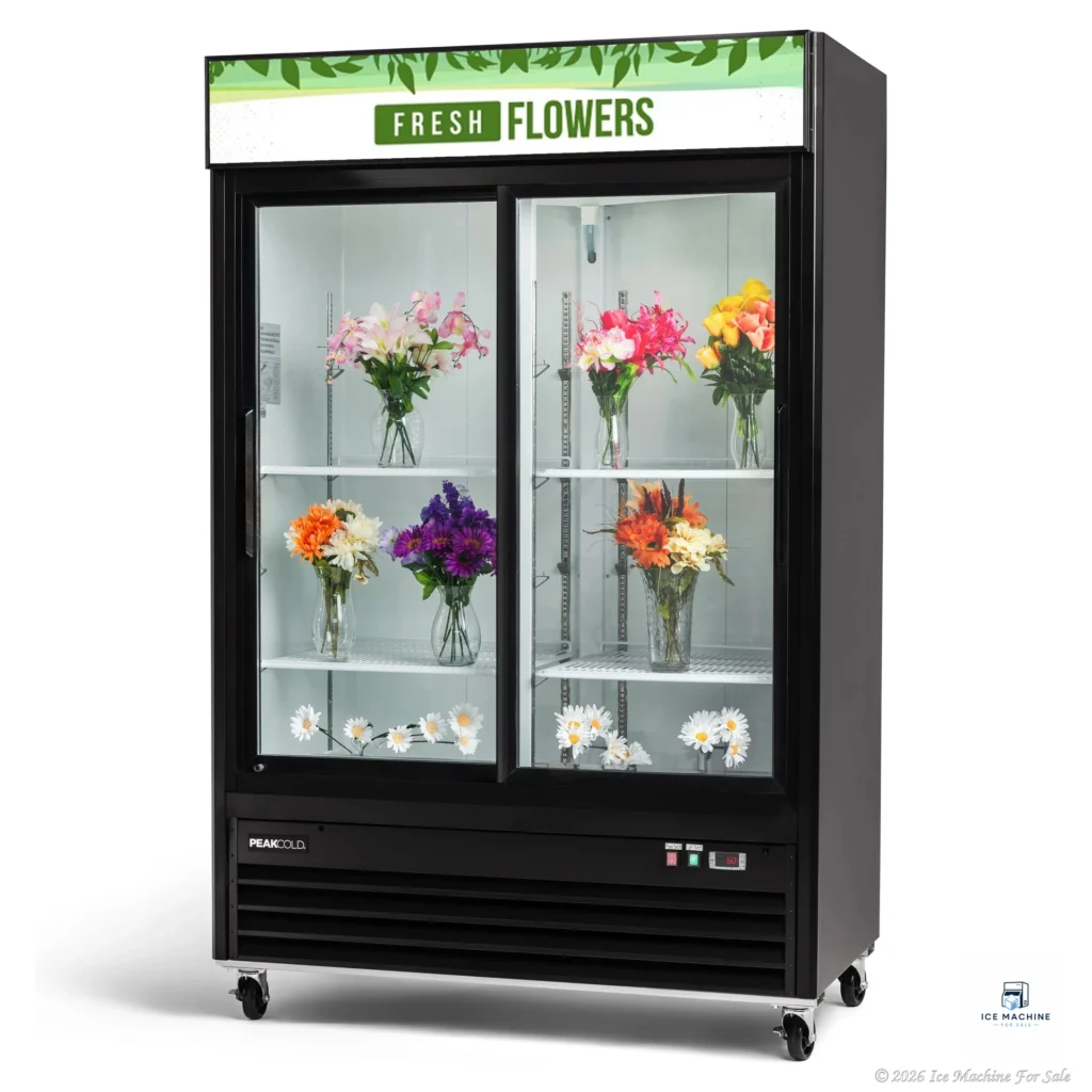 PeakCold Sliding 2 Door Flower Display Cooler – 45 cu. ft. - commercial ice machine for sale at icemachineforsale.com